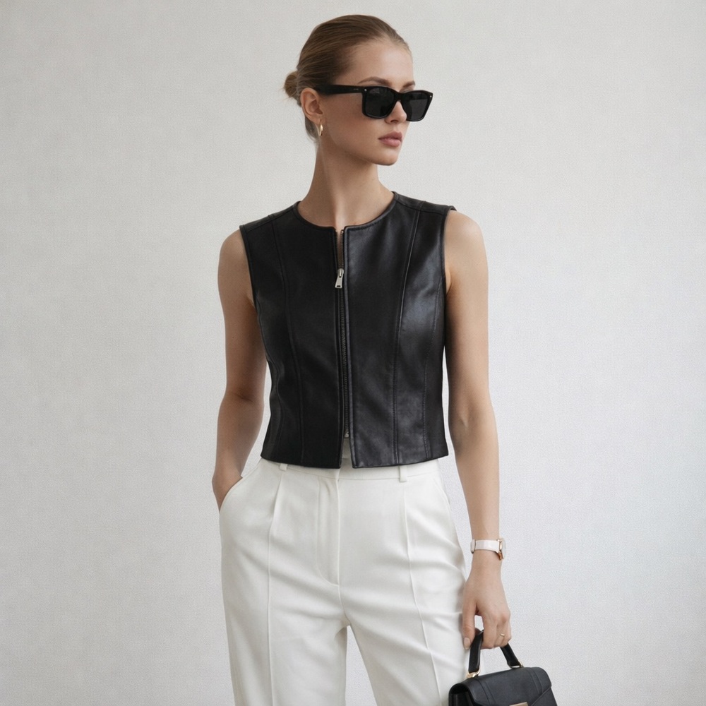 Vintage Jacqueline Ferrar Lambskin Y2K  Vest 12 Black Moto Grunge Minimalist